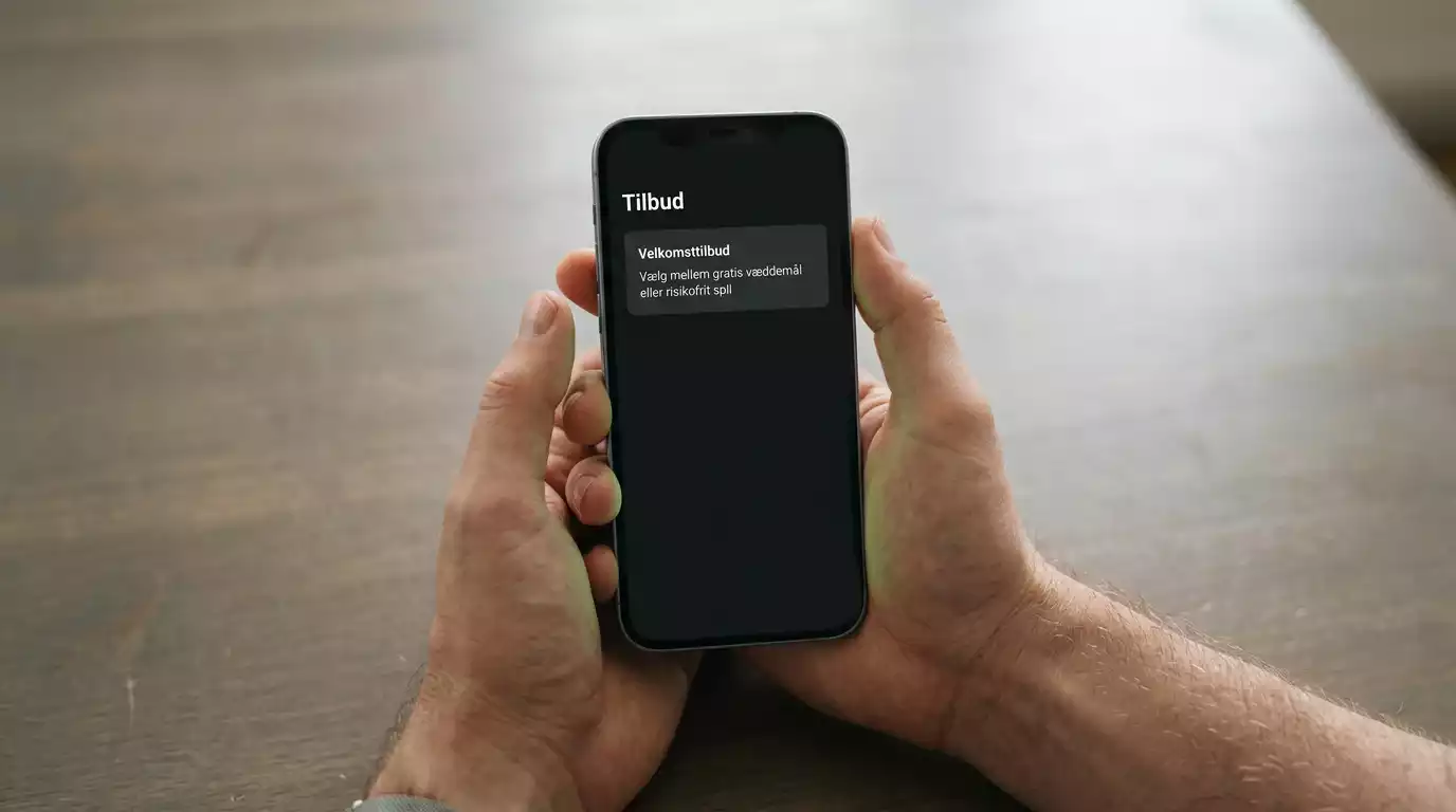 Nærbillede af hånd som holder mobiltelefon med dansk bookmaker-app, der viser bonusvilkår