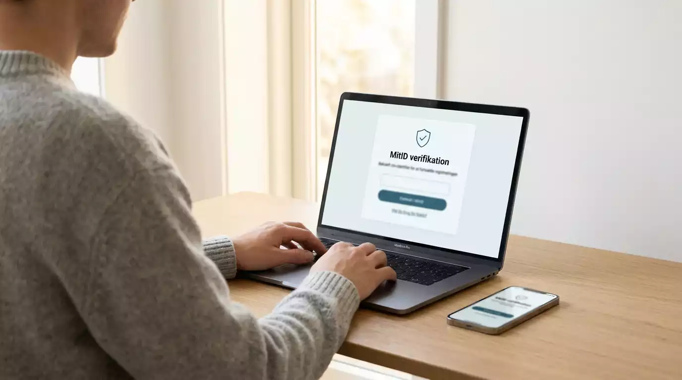 Person sidder ved bærbar computer og gennemfører MitID-verifikation på dansk bookmaker-konto